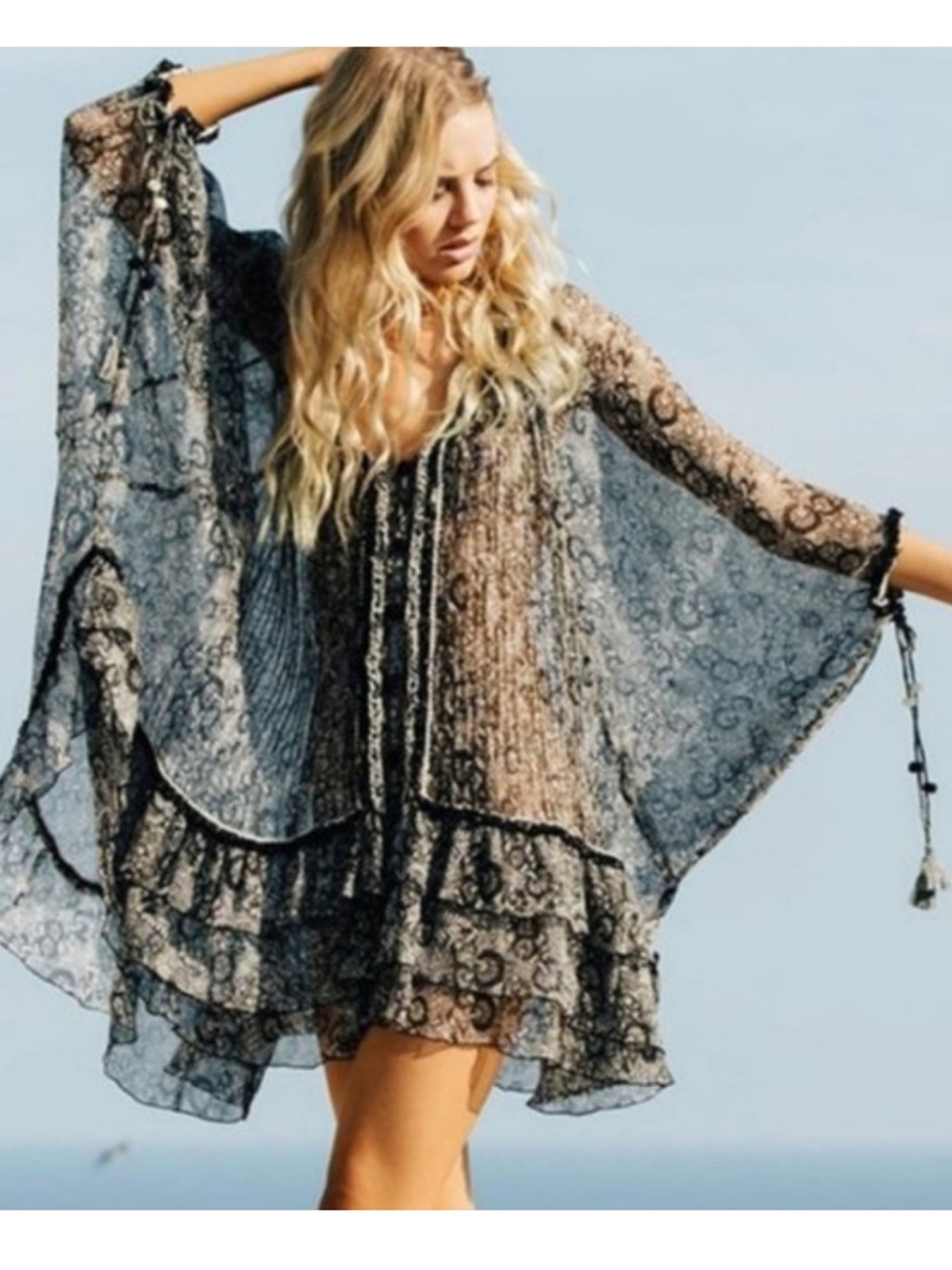 Poupette St Barth Dress Poncho Black Dalia Fleur Boho Swim Coverup O/S